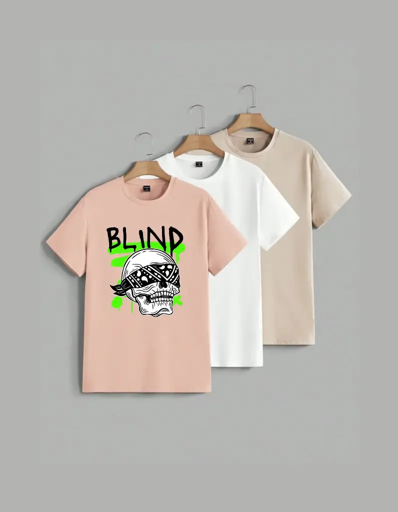 Front Printed Blind Skull Half Selves Cotton T-Shirt 