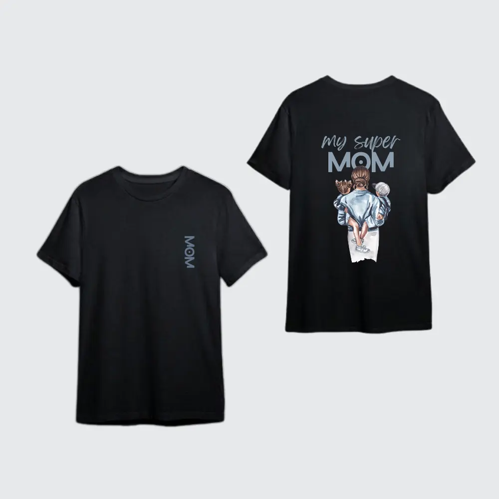 MY SUPER MOM PRINTED BLACK COTTON T-SHIRT