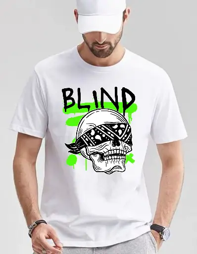 Front Printed Blind Skull Half Selves Cotton T-Shirt 